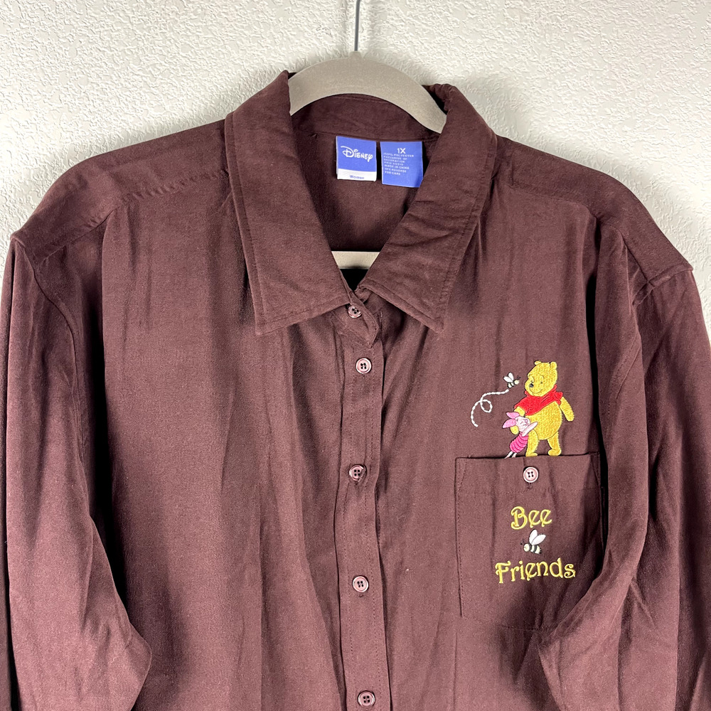 Disney Winnie The Pooh Top Womens 1X Brown Button Up Piglet Bee Friends - Picture 2 of 12